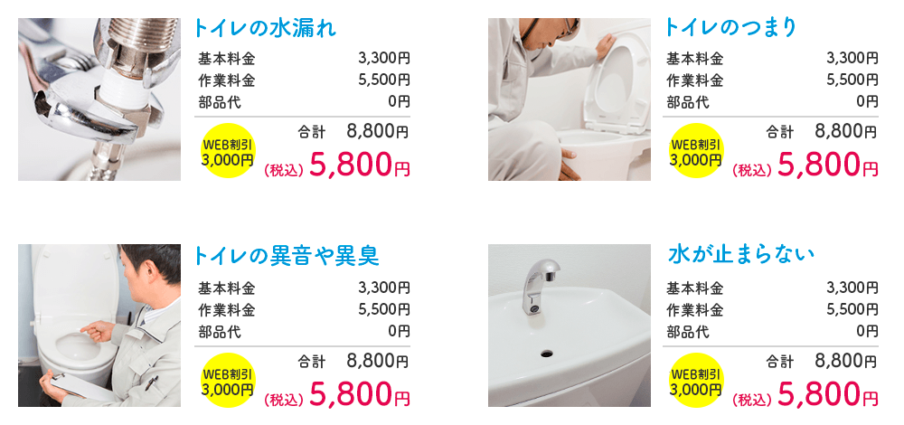トイレの水漏れ・トイレつまり修理料金表