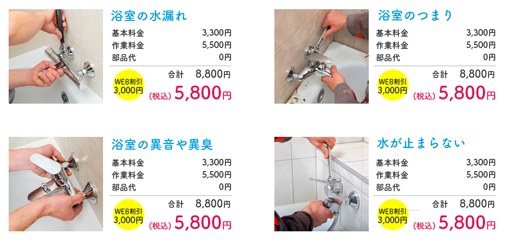 浴室の水漏れ・排水溝つまり修理料金表